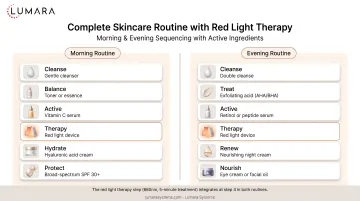 Complete skincare routine with red light therapy: morning and evening sequencing with active ingredients