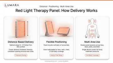 Red light therapy panel format: distance-based delivery, flexible positioning for face and body, and multi-area use