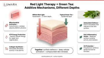 Red light therapy cellular mechanism versus topical green tea: different depths and mechanisms that work additively