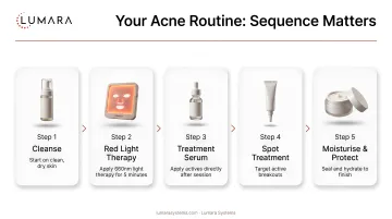 Acne routine sequencing: light therapy on clean skin first, then topical treatments in order