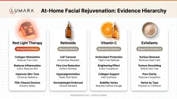 At-home facial rejuvenation evidence hierarchy: red light therapy, retinoids, vitamin C, and exfoliants