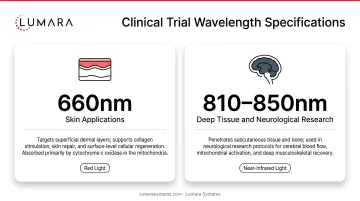 Clinical trial wavelength specifications: 660nm for skin applications and 810-850nm for deep tissue and neurological research