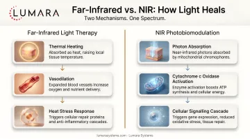 Far-infrared light therapy mechanism: thermal heating, vasodilation, and heat stress response versus NIR photobiomodulation