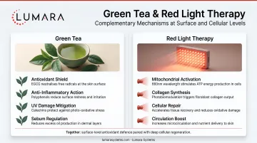 Green tea and red light therapy combination: complementary mechanisms at surface and cellular levels