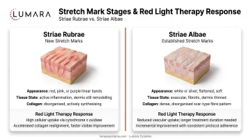 Stretch mark stages: new striae rubrae versus established striae albae and red light therapy response differences