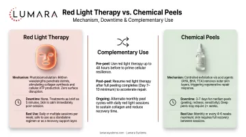 Red light therapy versus chemical peels: mechanism differences, downtime comparison, and complementary use timing