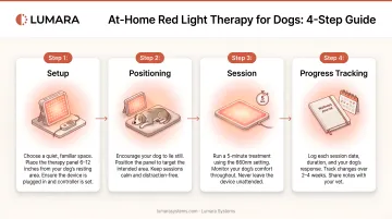 4-step guide for at-home red light therapy sessions with dogs: setup, positioning, session, and progress tracking