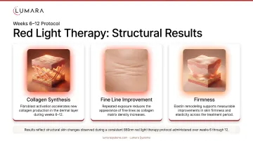 Red light therapy structural results weeks 6-12: collagen synthesis, fine line improvement, and firmness
