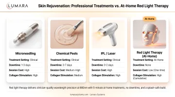 Professional skin rejuvenation procedures: microneedling, chemical peels, and IPL/laser alongside at-home red light therapy