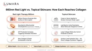 Red light therapy 660nm collagen synthesis mechanism versus topical skincare dermal penetration