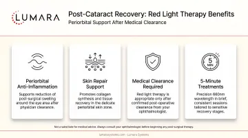 Post-cataract recovery red light therapy benefits: periorbital anti-inflammatory and skin support after medical clearance