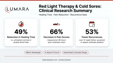 Clinical research summary for red light therapy and cold sores: healing time, pain reduction, and recurrence data
