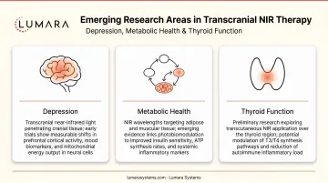 Additional emerging research: depression transcranial NIR, metabolic health, and thyroid function