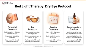 Red light therapy dry eye protocol: periorbital placement, eye protection requirement, session frequency, and complementary practices