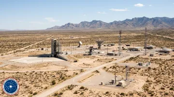 Military missile test range aerial view with instrumentation and launch infrastructure