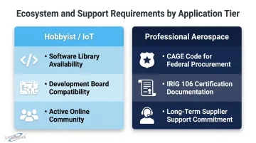RF module selection framework comparing hobbyist IoT and professional aerospace ecosystem requirements