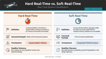 Hard versus soft real-time DAQ systems comparison infographic with examples