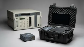Lumistar LS-28-DRSM compact airborne telemetry receiver unit shown against portable ground station case