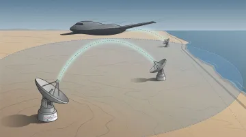Aerial view of military flight test range with aircraft and ground tracking stations
