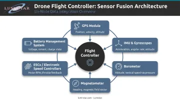 Drone flight controller sensor fusion diagram showing six onboard data input sources