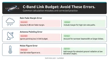 Three common C-band link budget design errors and correct engineering practice infographic
