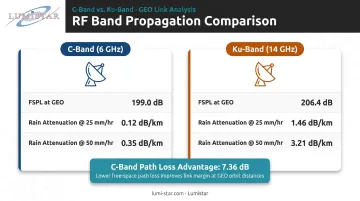 C-band versus Ku-band free-space path loss and rain attenuation comparison infographic