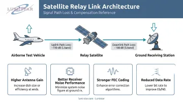 Satellite relay architecture diagram showing airborne transmitter ground station link path loss