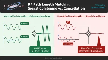 RF combiner path length phase balance effect on signal combining versus cancellation