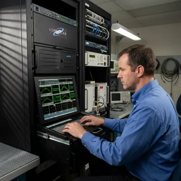 Engineer configuring SOQPSK telemetry demodulator system