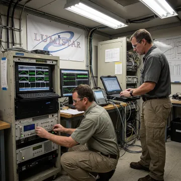 Engineers configuring telemetry support equipment