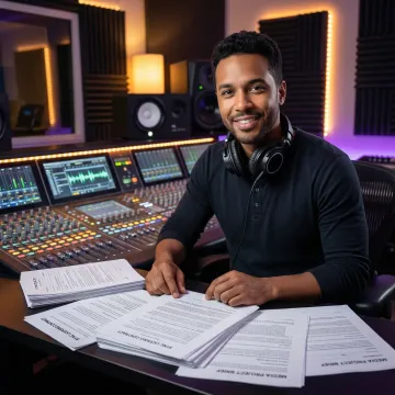 Professional music producer reviewing sync licensing documents with headphones and audio equipment