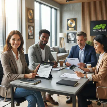 Music distribution contract signing with artists reviewing comprehensive agreements