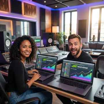 Musicians collaborating in a modern recording studio with digital distribution interfaces