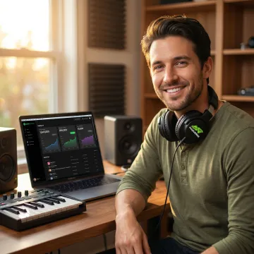 Independent artist working on laptop promoting music on Spotify