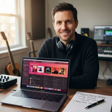 Artist reviewing Apple Music playlist placement strategy on laptop