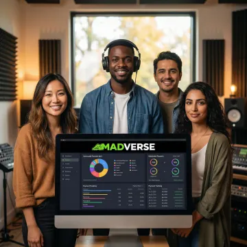 Musicians collaborating while reviewing royalty split calculations on tablet