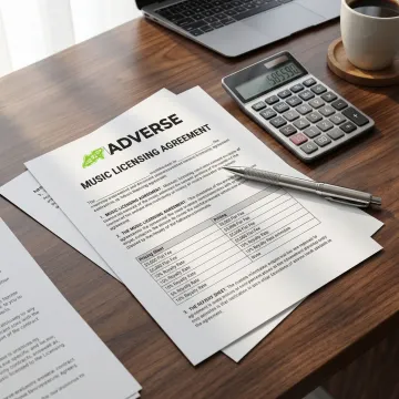Music licensing contract and pricing documents on a desk