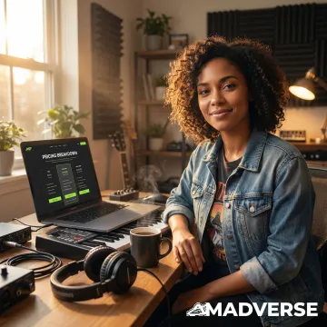 Artist reviewing transparent music licensing pricing on a laptop