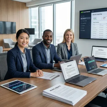 Warner Music Group rights management professionals reviewing licensing agreements