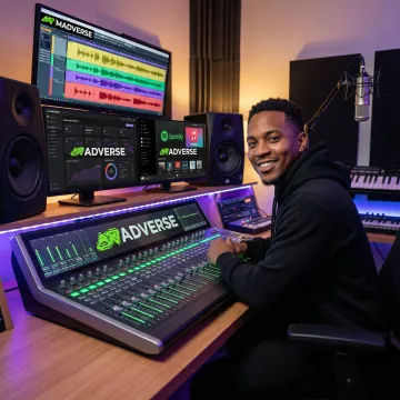 Professional music producer working at digital audio workstation with multiple streaming platforms displayed on screens
