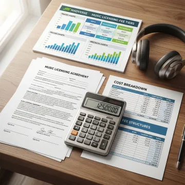 Music licensing contract with calculator and financial documents showing pricing breakdown