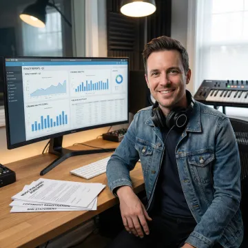 Artist reviewing comprehensive royalty statements and licensing agreements on laptop