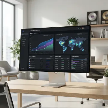 Music publishing dashboard showing royalty tracking and rights management