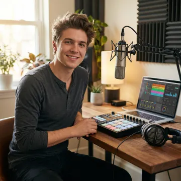 Emerging artist working on music production in modern home studio