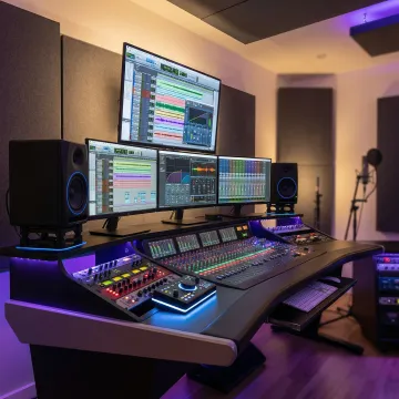 Professional music production studio with digital audio workstation and mixing console