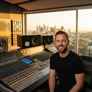 Professional music producer working in modern Los Angeles recording studio with mixing console