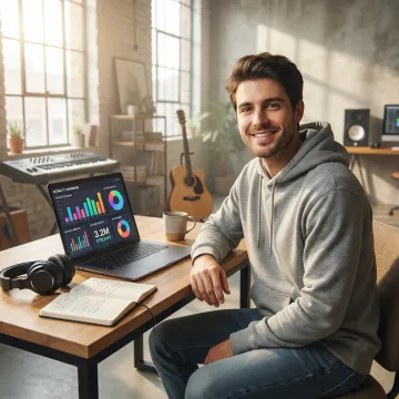 Independent artist reviewing music analytics on laptop in creative Los Angeles workspace