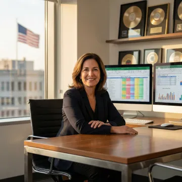 American music publishing professional reviewing royalty statements and copyright documents