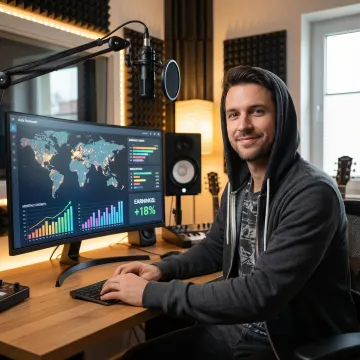 Musician reviewing global streaming analytics on laptop