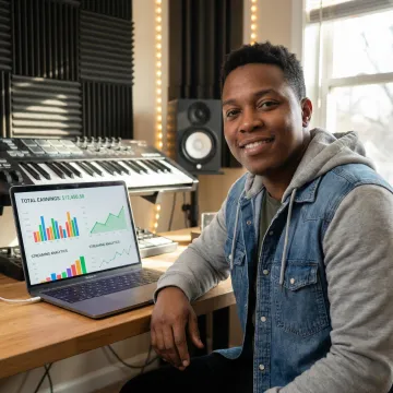 Artist reviewing detailed royalty reports on laptop